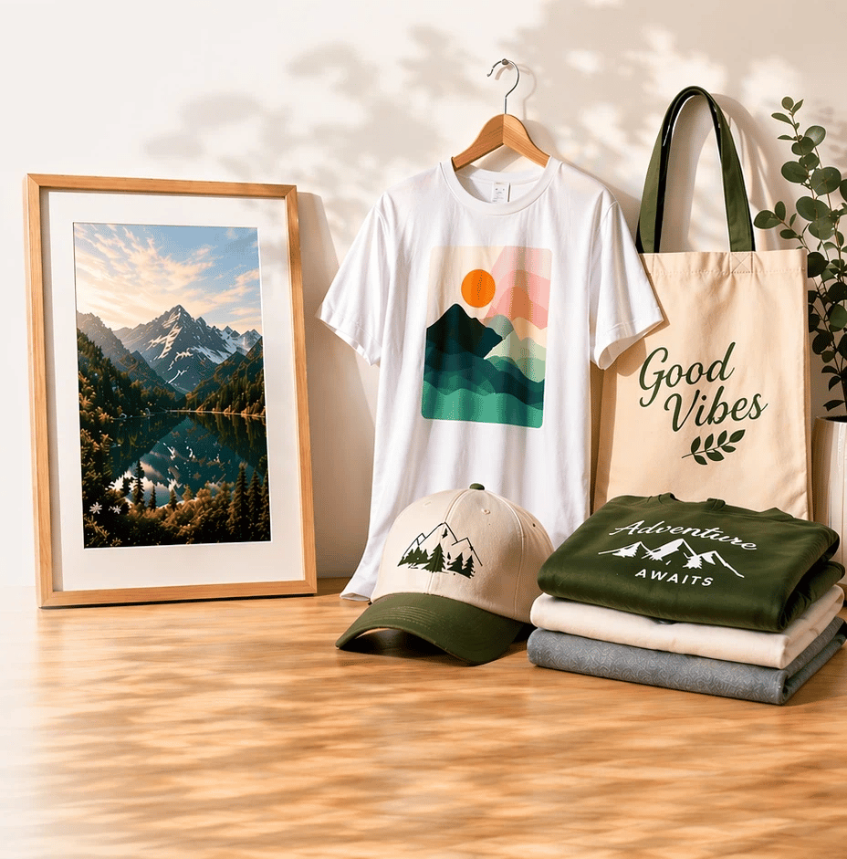 Printed products: framed canvas, t-shirt, tote bag, cap, and sweatshirts